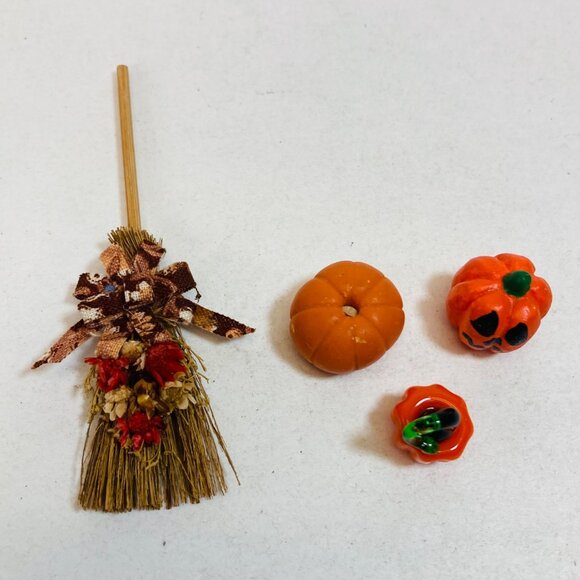 Dollhouse Miniatures Fall Decoration Pumpkin Glass Femo Harvest Broom as is - Picture 1 of 9